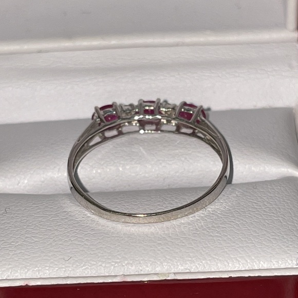Solid 10K (not 14K ) White Gold Natural Oval Cut Ruby Trio Diamond Band Ring - Picture 8 of 16